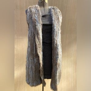 Rabbit Fur Hooded Long Vest Sz M